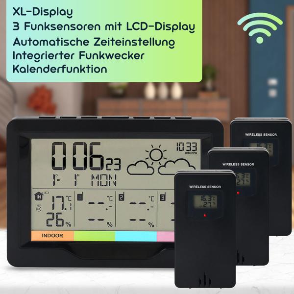 Profi Funk-Wetterstation mit 3 Aussensensoren  - Behalten Sie 4 Zonen im Blick für maximale Übersicht & Kontrolle - inkl. Funkwecker & XL-Display