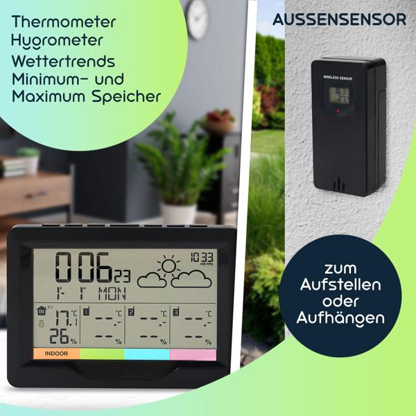 Profi Funk-Wetterstation mit 3 Aussensensoren  - Behalten Sie 4 Zonen im Blick für maximale Übersicht & Kontrolle - inkl. Funkwecker & XL-Display