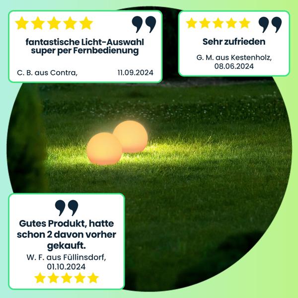 Solar-LED-Leuchtkugel, Ø 20cm, RGBW mit Fernbedienung, 60 Lu, IP67. Farbwechsel-Lichtkugel für Garten & Terrasse, wetterfest & kabellos