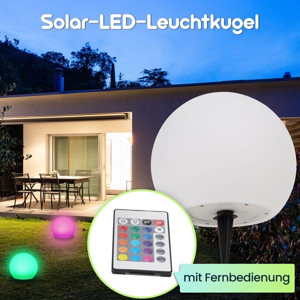 Solar-LED-Leuchtkugel, Ø 20cm, RGBW mit Fernbedienung, 60 Lu, IP67. Farbwechsel-Lichtkugel für Garten & Terrasse, wetterfest & kabellos