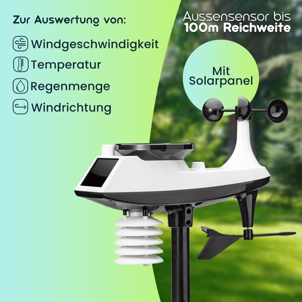 Premium WLAN Wetterstation m. XL-Farbdisplay, Aussensensor, App-Daten, Messung von Temperatur, Regenmenge, Windgeschwindigkeit u. Richtung, Luftdruck