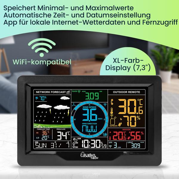 Premium WLAN Wetterstation m. XL-Farbdisplay, Aussensensor, App-Daten, Messung von Temperatur, Regenmenge, Windgeschwindigkeit u. Richtung, Luftdruck