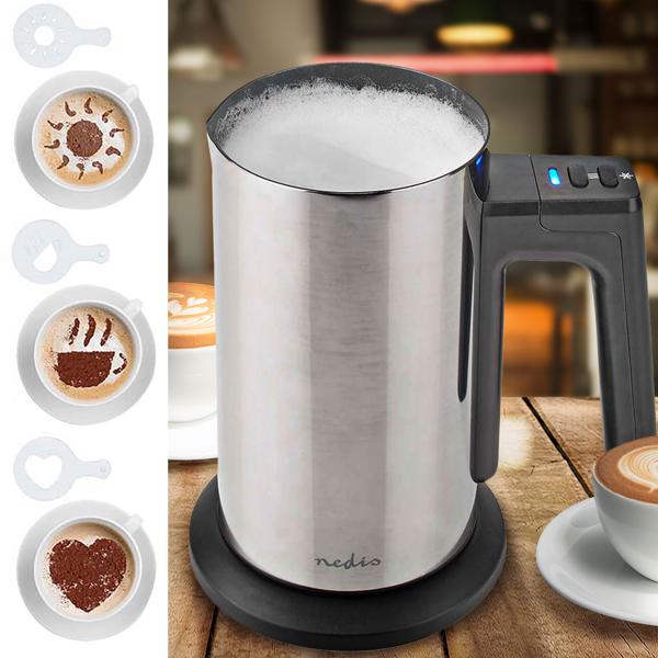 Kabelloser Edelstahl Milchaufschäumer, 300ml, starke 500W, inkl. 3 Deko-Schablonen. Elektrischer Schäumer für perfekten Milchschaum, heiss & kalt