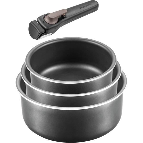 Set de 3 Casseroles Anti-adhésives Noir - Poignée Amovible - Induction, Gaz, Électrique, Céramique, Four - 1.2L, 1.8L, 2.5L - Empilables & Compactes