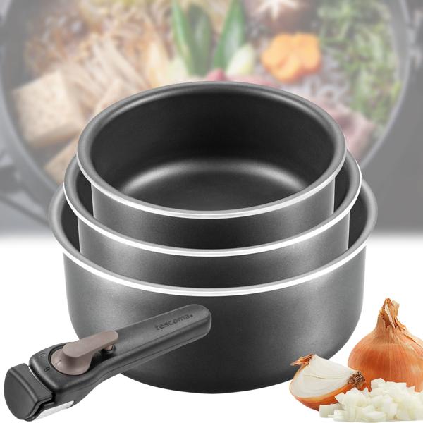 Set de 3 Casseroles Anti-adhésives Noir - Poignée Amovible - Induction, Gaz, Électrique, Céramique, Four - 1.2L, 1.8L, 2.5L - Empilables & Compactes