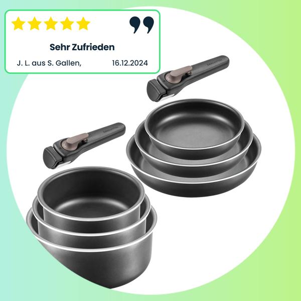 Komfortables Kochtopf-Set, 3er, schwarz, abnehmbarer Griff – 1,2L, 1,8L, 2,5L, Antihaft, für alle Herdarten & Backofen geeignet