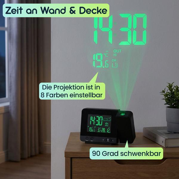 Projektions-Wecker mit Funk-Wetterstation, USB-Port, Aussensensor, schwarz, Zeitanzeige, Kalender, Temperaturanzeige Innen und Aussen