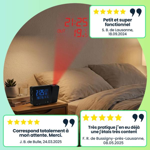 Réveil à Projection Météo - Heure/Température Int/Ext, Calendrier, Port USB - Capteur Extérieur 60m, Radio-piloté, Noir