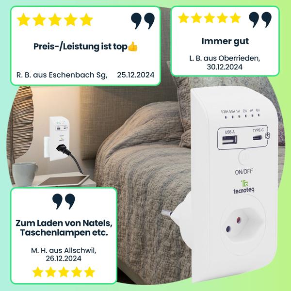 2er-Set USB Steckdose - Schweizer Edition mit 2x USB-Ladeport (USB-A & USB-C QC 3.0, 3.1A, 18W) - Timer & Überspannungsschutz - Kindersicherung