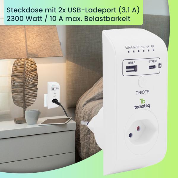 3er-Set Steckdose mit 2x USB-Ladeport (3.1A) - Timer & Überspannungsschutz - Schweizer Edition, Kinderschutz, max. 2300W/10A