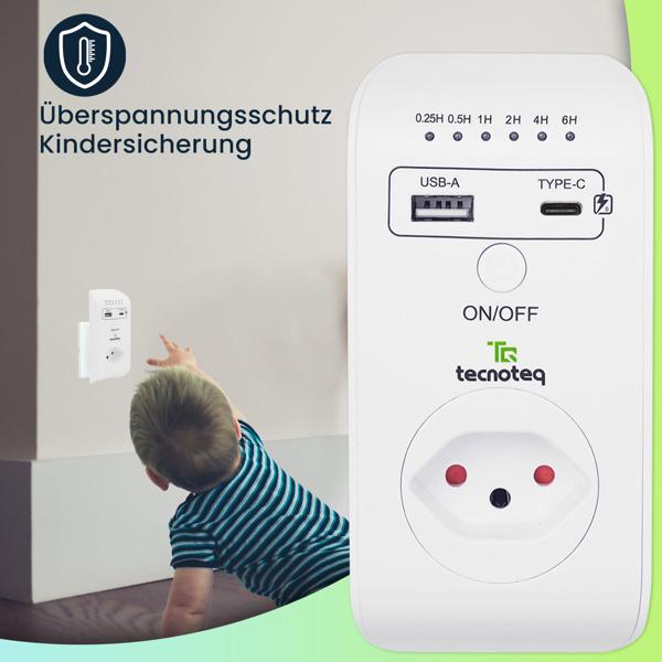 3er-Set Steckdose mit 2x USB-Ladeport (3.1A) - Timer & Überspannungsschutz - Schweizer Edition, Kinderschutz, max. 2300W/10A