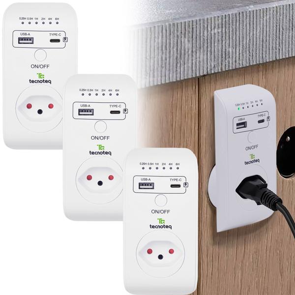 set di 3 prese di corrente con 2x porta di ricarica USB, 3,1 A, timer, protezione da sovratensione, Edizione Svizzera