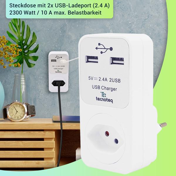 3er-Set Schweizer Steckdose - 2x USB-Ladeport 2.4A - Überspannungsschutz, Kindersicherung, 2300W/10A - Für Smartphone, Tablet & mehr