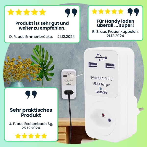 3er-Set Schweizer Steckdose - 2x USB-Ladeport 2.4A - Überspannungsschutz, Kindersicherung, 2300W/10A - Für Smartphone, Tablet & mehr