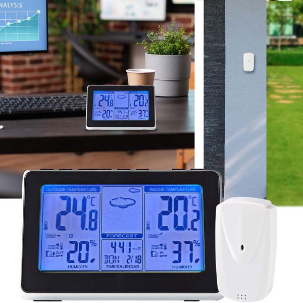 Stazione meteo radio – temperatura/umidità interna/esterna – sensore esterno 433 MHz, sveglia, display LCD, nero/argento, funzionamento a batterie