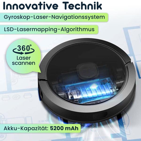 Saugroboter mit Wischfunktion, SmartLife App-Steuerung, Ladestation, Laser-Navigation, für Hartböden (Laminat, Parkett, Fliesen), Teppiche, Haare