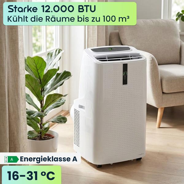 Mobile Klimaanlage mit 12.000 BTU, leistungsstark & leise, mit Entfeuchter, Timer & App-Steuerung, auf Rollen für flexiblen Einsatz in jedem Raum
