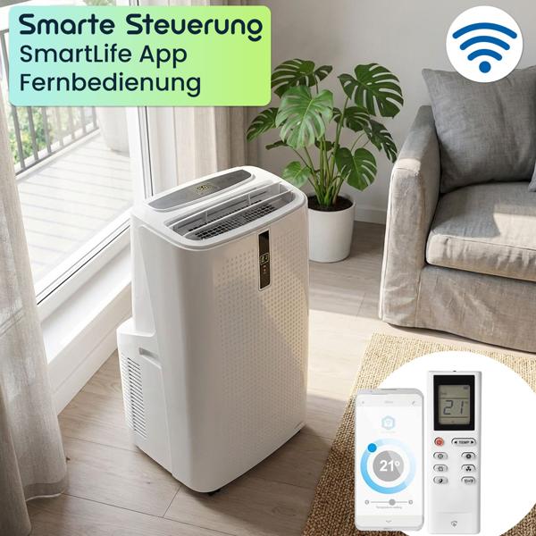 Mobile Klimaanlage mit 12.000 BTU, leistungsstark & leise, mit Entfeuchter, Timer & App-Steuerung, auf Rollen für flexiblen Einsatz in jedem Raum