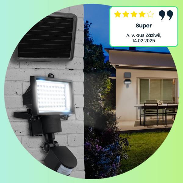 Solar LED Wand Fluter für aussen, PIR-Sensor 180° , 12 W, besonders helle 750 Lumen, IP44, völlig autark dank Solarpanel, angenehmes weisses Licht
