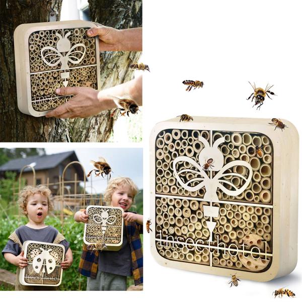 Hôtel à insectes "Abeille" Lot de 2 - Abri sûr pour abeilles sauvages, adapté aux enfants - Bois naturel FSC, 20x20x7cm