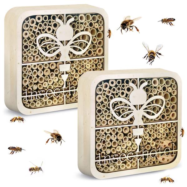 Hôtel à insectes "Abeille" Lot de 2 - Abri sûr pour abeilles sauvages, adapté aux enfants - Bois naturel FSC, 20x20x7cm