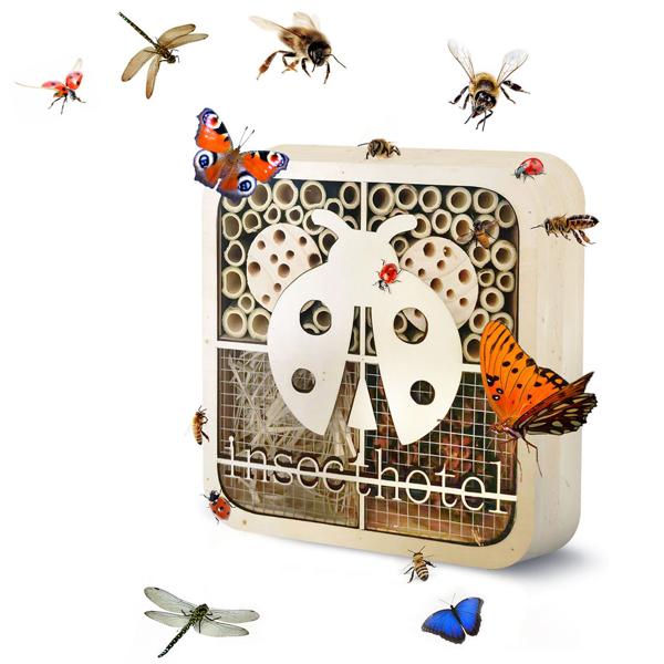 Hôtel à insectes Coccinelle - Bois naturel certifié FSC - 20x20x7cm - Abri pour coccinelles abeilles - Jardin, balcon, terrasse