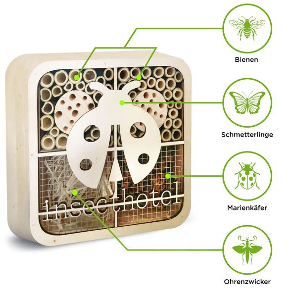 Einzigartiges Marienkäfer-Insektenhotel, Naturholz, 20x20x7cm – kinderfreundliches & originelles Design, liebevolles Zuhause für Nützlinge