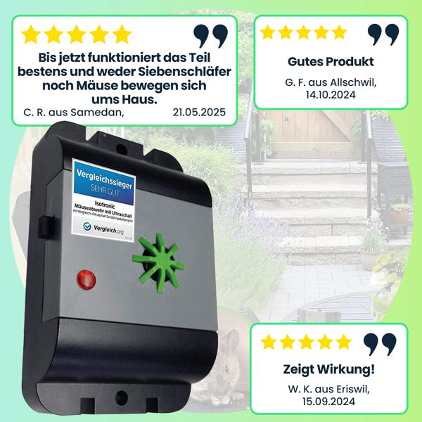 Effektiver Ultraschall Mäuse- und Rattenvertreiber, IP54 Schutz, Batteriebetrieb bis zu 12 Monate, bis zu 40m², mobil einsetzbar