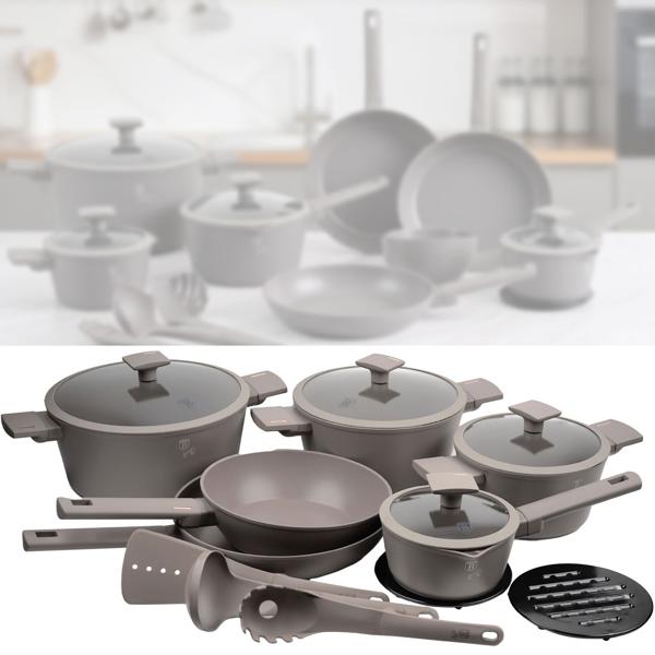 Hochwertiges Design Kochset m. Titanbeschichtung inkl. Kochbesteck, Untersetzer, Glasdeckel, Soft Touch Griffe, 15-teilig, taupe