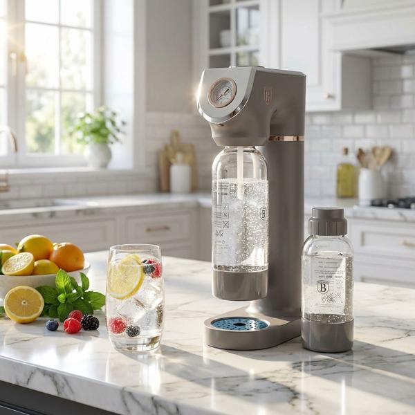 Appareil à gazéifier l‘eau taupe - Boissons pétillantes maison sans piles ni électricité - Baromètre, 2 bouteilles sans BPA - Compatible SodaStream