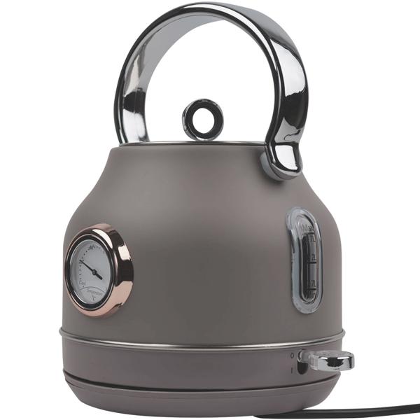 Bouilloire design tendance en acier inoxydable avec thermomètre, 1,7 l, 2200 W, taupe, filtre amovible, indicateur de niveau d‘eau