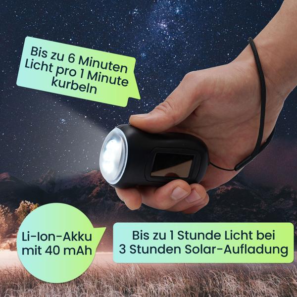 Praktische LED-Dynamo-Taschenlampe mit Handkurbel und Solarpanel, 3 High Power LEDs, 20 lm, Li-Ion-Akku, ideal bei Camping, Reisen, Outdoor