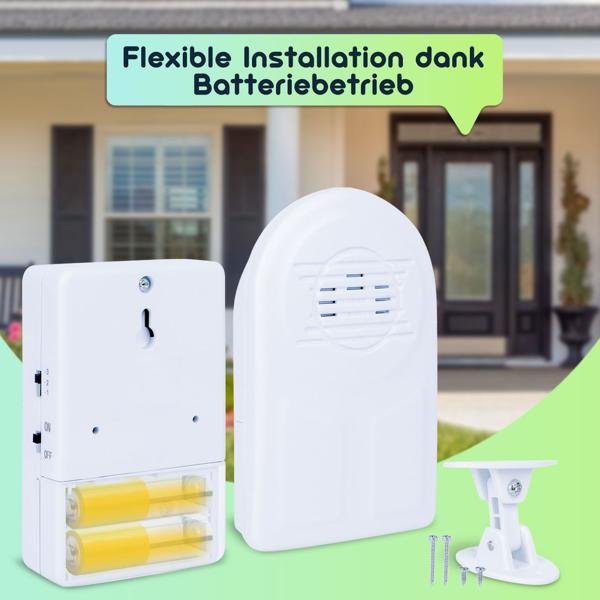 Funk-Durchgangsmelder mit PIR-Sensor, 8m, Batterie. Klingel-Alarm. Kabelloser Bewegungsmelder mit Empfänger. Zuverlässige Überwachung für Zuhause