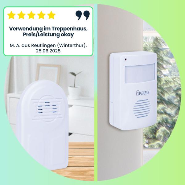 Funk-Durchgangsmelder mit PIR-Sensor, 8m, Batterie. Klingel-Alarm. Kabelloser Bewegungsmelder mit Empfänger. Zuverlässige Überwachung für Zuhause