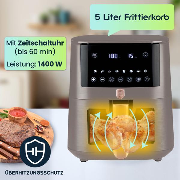 Hochwertige Design Heissluftfritteuse mit Sichtfenster, 5 Liter, taupe, LED-Touch-Display, Air Fryer mit 8 Kochprogrammen und Warmhaltefunktion
