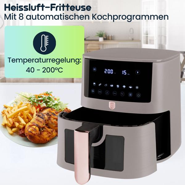 Hochwertige Design Heissluftfritteuse mit Sichtfenster, 5 Liter, taupe, LED-Touch-Display, Air Fryer mit 8 Kochprogrammen und Warmhaltefunktion