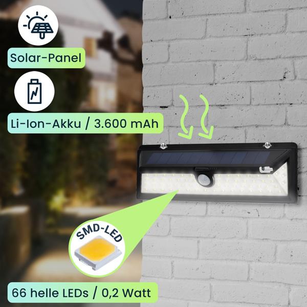 2er-Spar Set Moderne Wandleuchte, Solarpanel, PIR Bewegungs-Sensor, 66 helle LEDs, 800 Lumen, 13,2 Watt, IP44, inkl. Montagematerial