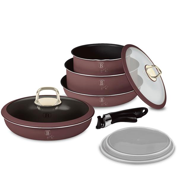 Hochwertiges Aluminium Pfannen-Set, 9-teilig, Bordeaux, Titanbeschichtung – Abnehmbarer Griff, Smart Lids & Glasdeckel, elegantes Design