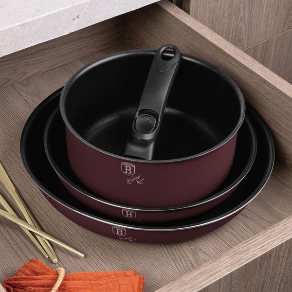 Hochwertiges Aluminium Pfannen-Set, 9-teilig, Bordeaux, Titanbeschichtung – Abnehmbarer Griff, Smart Lids & Glasdeckel, elegantes Design