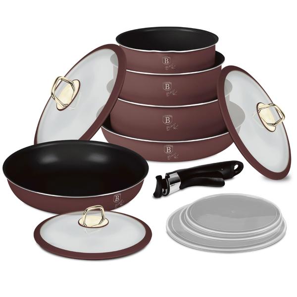 Pfannen-Set (12-tlg.) aus geschmiedetem Aluminium – Bratpfannen & Töpfe mit abnehmbarem Griff, Titanbeschichtung, Glasdeckeln und Smart Lids