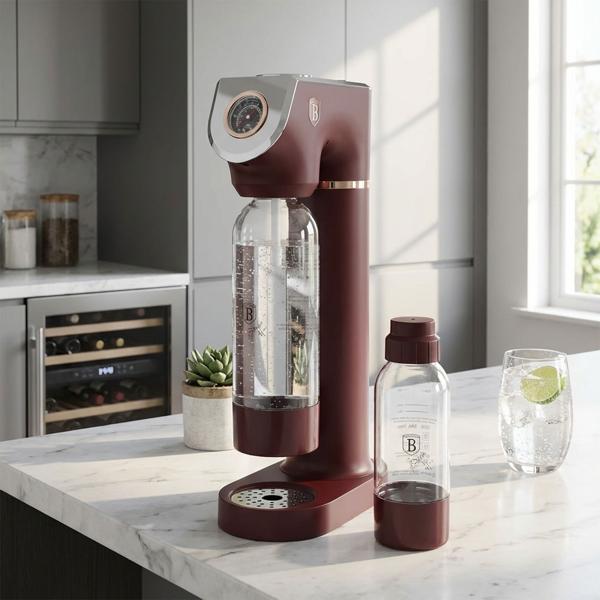 Appareil à gazéifier l‘eau - Design bordeaux, 2 bouteilles sans BPA, baromètre - Compatible cylindres CO2 standard/SodaStream