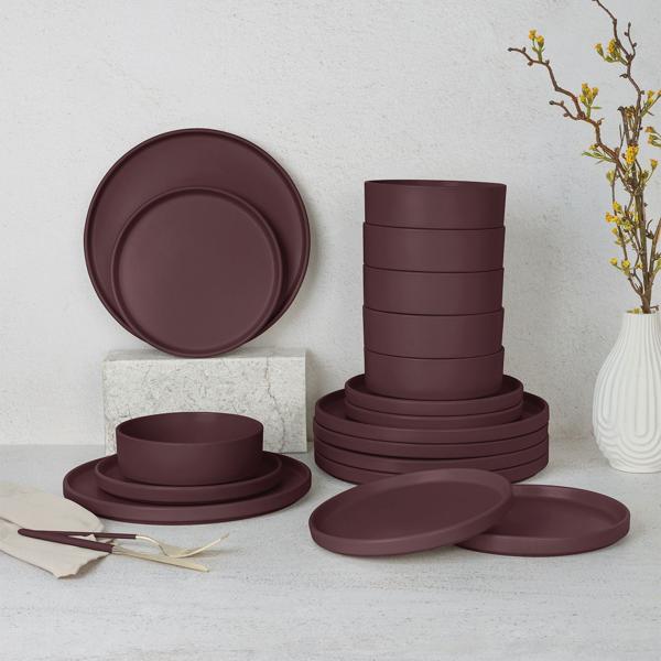18-tlg. Steingut Geschirrset, Matt-Bordeaux, 6 Personen: Speise-, Dessertteller, Schalen, edles Design für stilvolle Mahlzeiten, modern und elegant