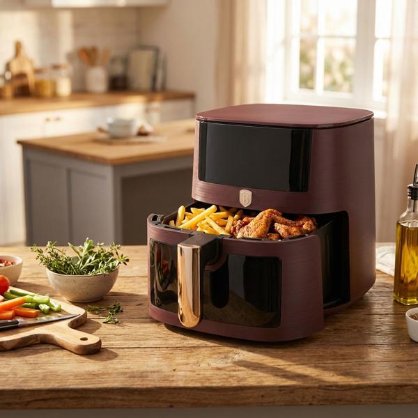 Moderne Heissluftfritteuse 8L mit Sichtfenster – Air Fryer mit 8 Programmen, Timer & Touch-Display – Stilvolles Bordeaux-Design
