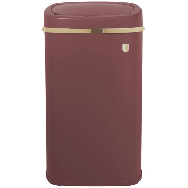 Poubelle design haut de gamme en métal, d‘une capacité de 58 litres et équipée d‘un capteur tactile, aspect mat bordeaux - or noble, cadre et couvercle stables