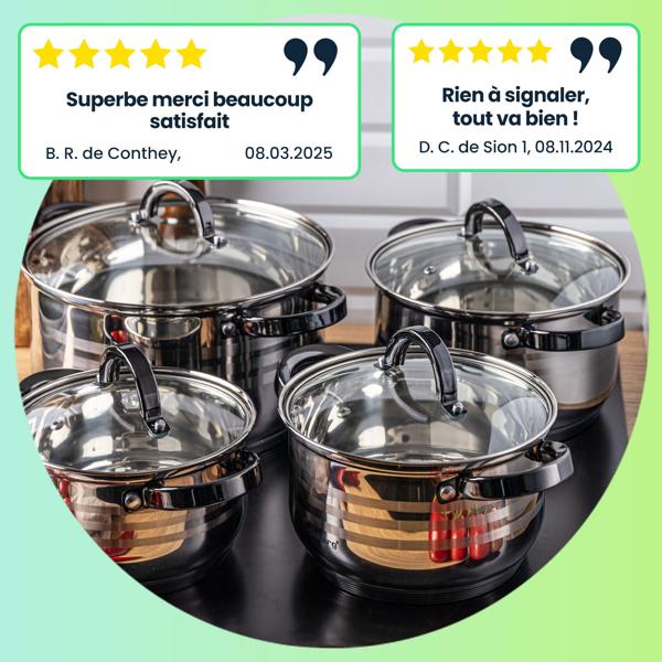 Lot de 4 casseroles en inox avec couvercles en verre - Ø 16/18/20/24 cm - Tous feux dont induction - Lavable lave-vaisselle - Cuisine saine