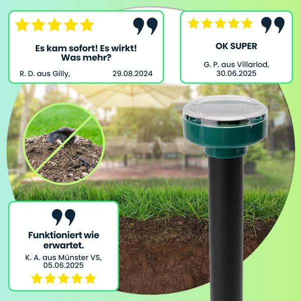 4er Set Maulwurf- und Wühlmaus-Vertreiber, Erdspiesse, solarbetrieben, bis 2.800 m², IP44, umweltschonend, ohne Chemie, schnelle Ergebnisse