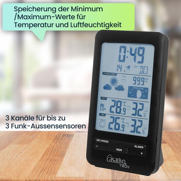 Digitale Funk-Wetterstation mit Aussensensor für präzise Wettervorhersage - Barometer, Hygrometer & Trend - Grosses Display - Funkuhr u. Wecker
