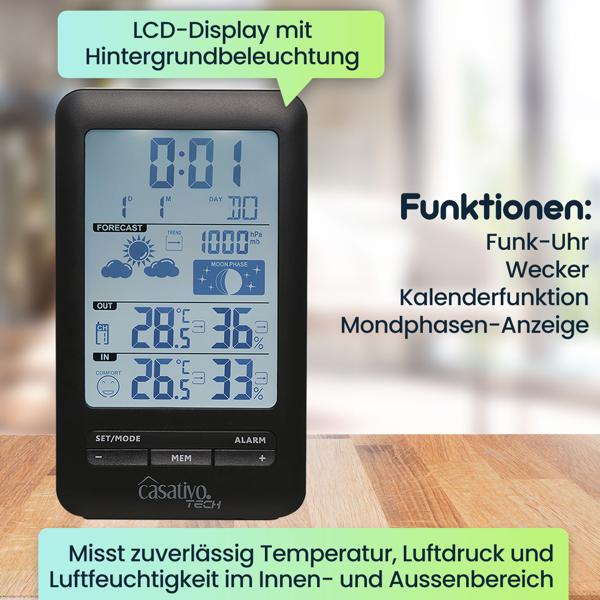 Digitale Funk-Wetterstation mit Aussensensor für präzise Wettervorhersage - Barometer, Hygrometer & Trend - Grosses Display - Funkuhr u. Wecker