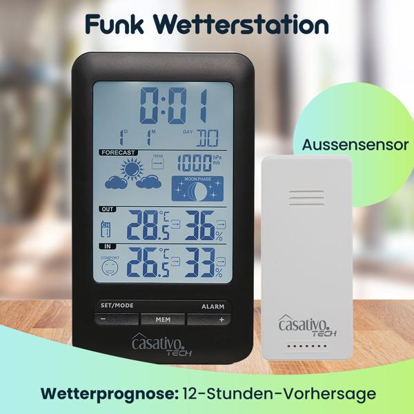 Digitale Funk-Wetterstation mit Aussensensor für präzise Wettervorhersage - Barometer, Hygrometer & Trend - Grosses Display - Funkuhr u. Wecker