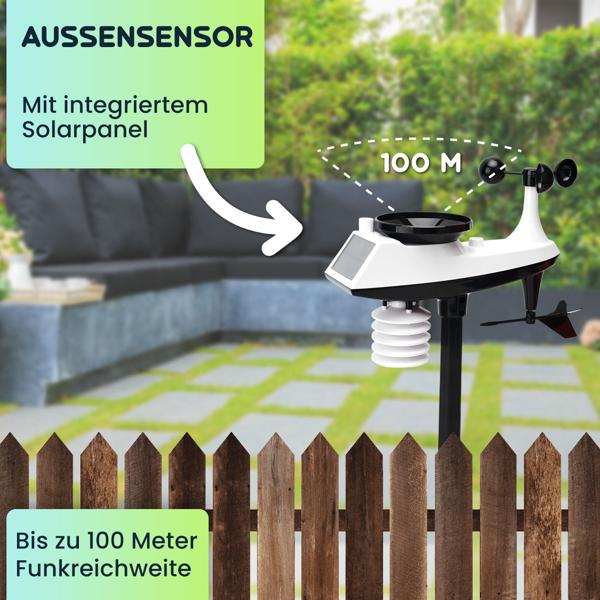 Profi Funk-Wetterstation mit Solar-Aussensensor – Niederschlag, Wind, Hygrometer & Wettervorschau – Präzise Wetterdaten Ihr dein Zuhause